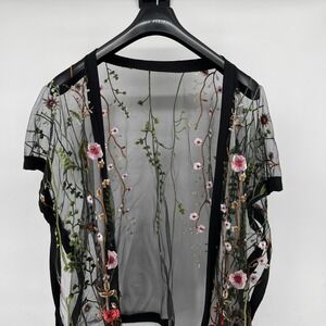 Black Sheer Embroidered Kimono Cardigan Floral Butterfly Short Sleeve Open OS